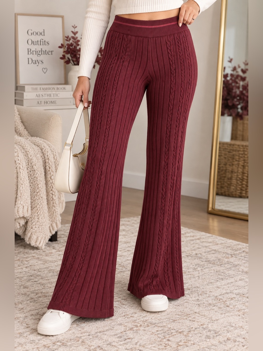 Gymshark Rest Day Cable Knit Flare Pants Women’s M Burgundy NWT